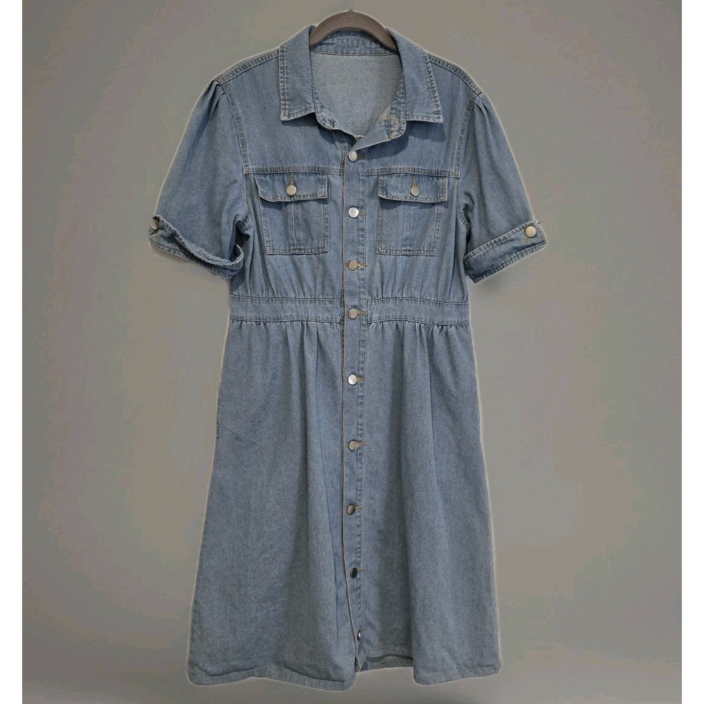 Women's Denim Jean Dress Collared Button Front Pockets Knee‎ Length Size Medium